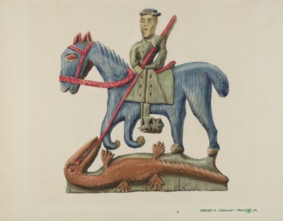 Saint George & the Dragon, vyřezaný z části prkna - malované, c. 1938. od Majel G. Claflin