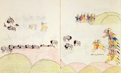 Native American Buffalo Hunt, z knihy náčrtů vytvořené ve Fort Marion, St Augustine, Florida, 1877 od Making Medicine