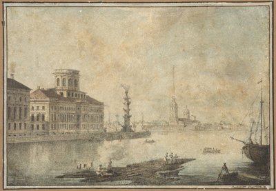Pohled na Něvu a Akademii věd - Maxim Nikiphorovič Vorobyev (1787-1855). Pero, štětec, akvarel, inkoust na papíře, konec 20. let 19. století-začátek 30. let 19. století. Státní muzeum historie Petrohradu od Maksim Nikiforovich Vorobiev