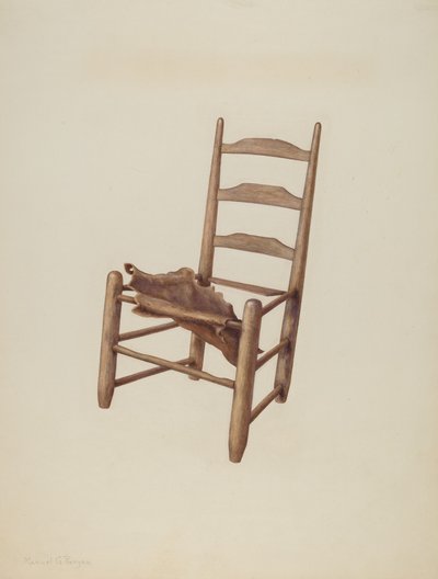 Ručně vyráběná židle - sedák ze surové kůže, c. 1939. od Manuel G. Runyan