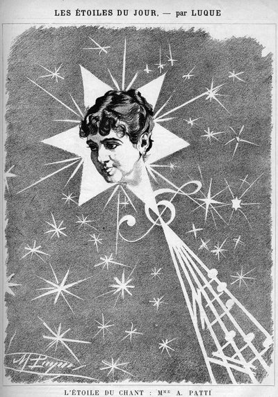 Adelina Patti (1843-1919), italská zpěvačka. „Hvězda zpěvu“, karikatura od karikaturisty Manuela Luqueho. V „The Cartoon“ z roku 1886. od Manuel Luque