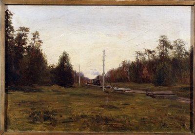 Krajina s vlakem. Obraz Manuila Christoforoviče Aladžalova (1862-1934). Olej na kartonu, 29,5 x 43,5 cm. Ruské umění počátku 20. století. Regionální muzeum umění, Plyos. ©FineArtImage/Leemage od Manuil Christoforovich Aladzhalov