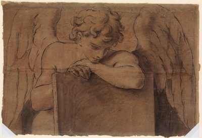 Kreslený fragment pro dospívajícího anděla opírajícího se o tablet nebo zavřenou knihu, ca. 1690-95. od Marc Antonio Franceschini