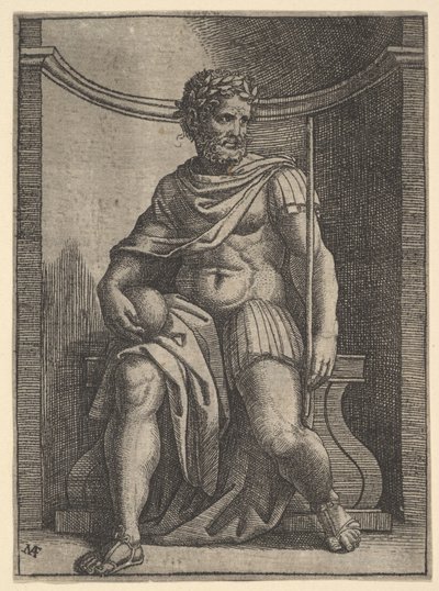 Římský císař sedící ve výklenku držící glóbus a žezlo a hledící na své..., ca. 1500-1534. od Marcantonio Raimondi