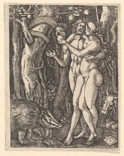 Adam a Eva s jablkem a hadem, ca. 1500-1534. od Marcantonio Raimondi