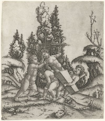 Amor a dva putti nebo děti nesou na podstavci sochu putti s okřídlenou kotvou od Marcantonio Raimondi