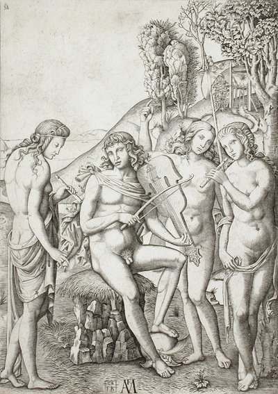 Apollón vyučující Grácie hudbě od Marcantonio Raimondi