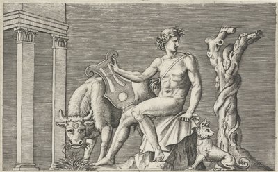 Apollo střeží stádo Admetus Mytologické reprezentace po starověkých basreliéfech (název série) od Marcantonio Raimondi