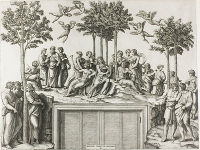 Apollo na Parnasu, obklopen múzami a básníky od Marcantonio Raimondi