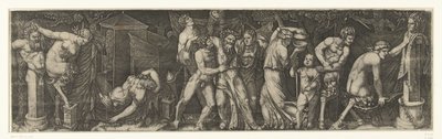 Bacchanal s opilým Bakchem a Satyry a Maenads od Marcantonio Raimondi