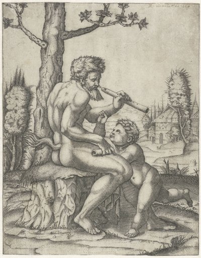 Faun s flétnou hraje s dítětem od Marcantonio Raimondi