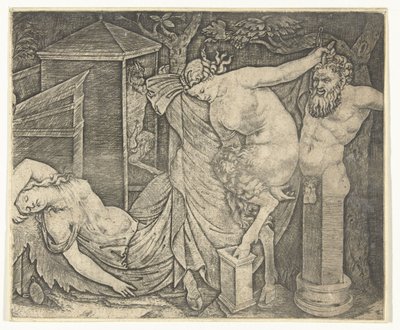 Fragment Bacchanal se satyrskou ženou a Hermem a spící Bacchante od Marcantonio Raimondi