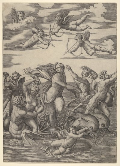 Galatea stojící ve vodním voze taženém dvěma delfíny, obklopený tritony, nere..., 1515-16. od Marcantonio Raimondi