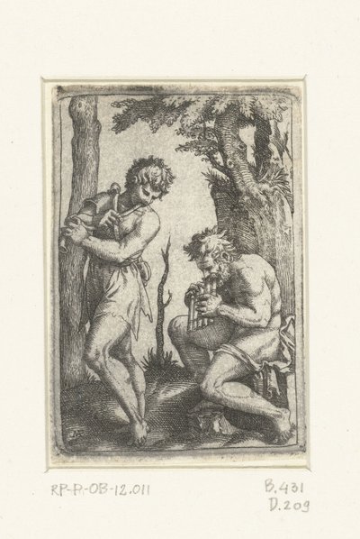 Mladý ovčák s shawm a starý ovčák s panflétnou od Marcantonio Raimondi
