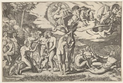 Soud z Paříže: Paris natahuje ruku k Venuši, která stojí mezi Juno a..., ca. 1520-50. od Marcantonio Raimondi