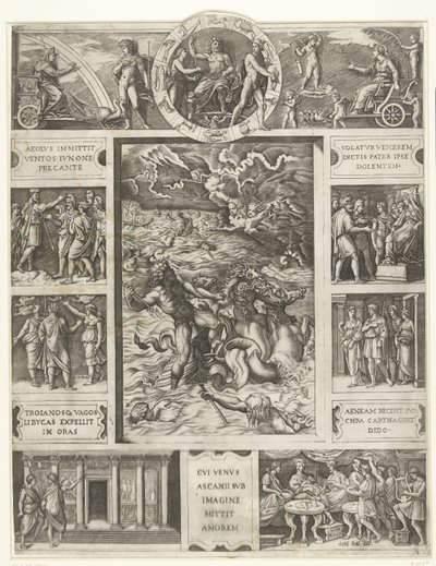 Jupiter uklidňuje bouři na moři v obdélníkovém rámu s devíti scénami z eposu Aeneid od Marcantonio Raimondi