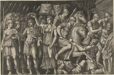 Císař Trajan korunovaný Viktorií stojí vedle ženské personifikace Říma a Římanů v bitvě s Dáky od Marcantonio Raimondi