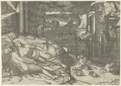 Krajina se dvěma nahými spícími ženami a fantasy zvířaty na břehu u vody s hořící budovou Sen o Raphaelovi od Marcantonio Raimondi