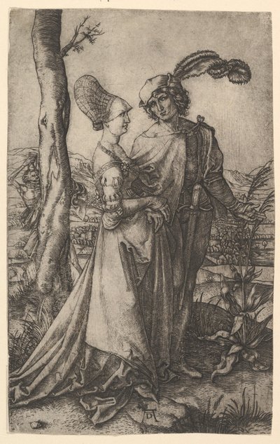 Lord a lady kráčející s postavou smrti schovávající se za stromem, v ruce hodinku..., ca. 1500-1534. od Marcantonio Raimondi
