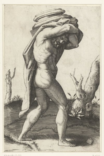 Nahý muž nese základnu sloupu na zádech od Marcantonio Raimondi