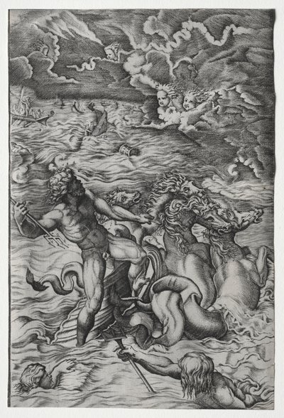 Neptun uklidňuje bouři, kterou Aeolus vyvolal proti Aeneově flotile od Marcantonio Raimondi