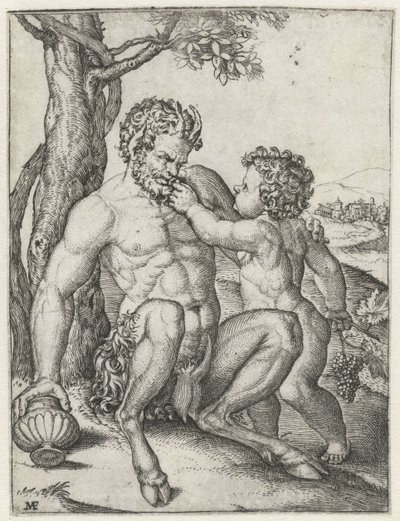 Pánev s šálkem na pití a Bacchus jako dítě s hroznem od Marcantonio Raimondi