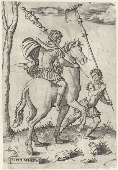 Římští generálové Scipio Africanus Maior na koních a Scipio Africanus Minor Římští hrdinové na koních (název série) od Marcantonio Raimondi