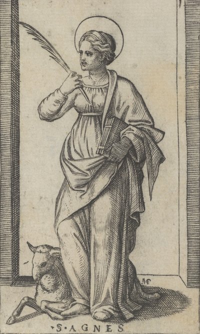 Svatá Anežka stojící a v pravé ruce drží dlaň, vlevo dole ovce, od..., ca. 1500-1527. od Marcantonio Raimondi