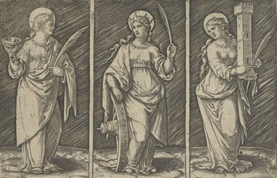 Svatá Barbora vlevo, Svatá Kateřina uprostřed, Svatá Lucie vpravo, ca. 1500-1527., ca. 1500-1527. od Marcantonio Raimondi