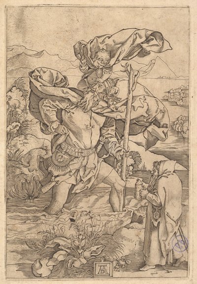 Svatý Kryštof překračující řeku s Kristem v podobě putta na š..., ca. 1500-1534. od Marcantonio Raimondi