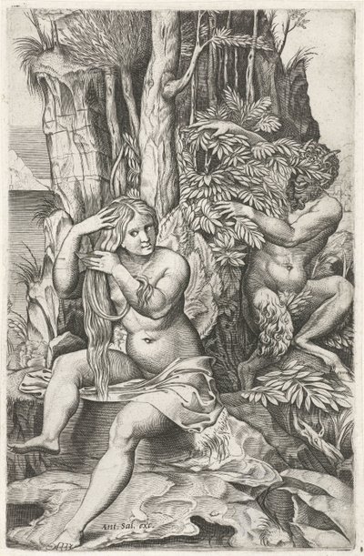 Satyr špehuje nymfu na jejím záchodě Pan a Syrinx od Marcantonio Raimondi