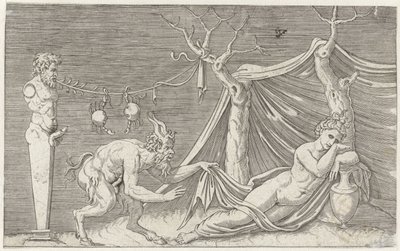 Satyr pronásleduje spící nymfu Mytologické reprezentace po starověkých basreliéfech (název série) od Marcantonio Raimondi