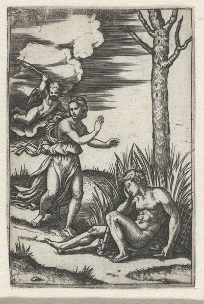 Spící muž a nymfa pronásledovaní Amorem od Marcantonio Raimondi