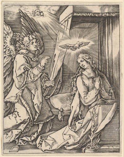 Zvěstování, vlevo archanděl Gabriel přistupuje k modlící se Panně..., ca. 1500-1534. od Marcantonio Raimondi