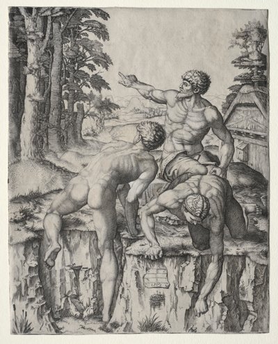 Horolezci (Tři postavy z Michelangelovy bitvy u Casciny) od Marcantonio Raimondi