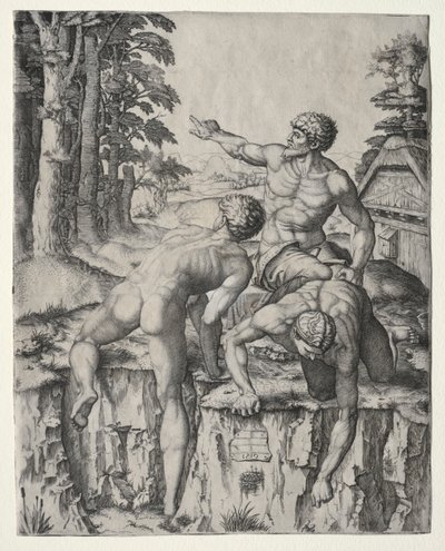 Tři postavy horolezců z Michelangelovy bitvy u Casciny, 1510. od Marcantonio Raimondi