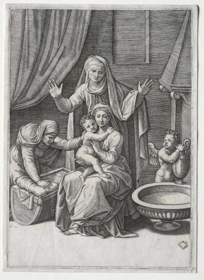 Panna a kolébka se svatou Alžbětou a svatou Annou, 1520. od Marcantonio Raimondi