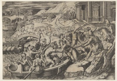 Únos Helen, bitevní scéna na břehu se dvěma muži táhnoucími Helenu do b..., ca. 1520-27. od Marcantonio Raimondi