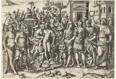 Triumfální průvod římského císaře s vojáky a uloupenými brněními od Marcantonio Raimondi