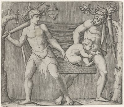 Dva fauni nosí dítě v košíku od Marcantonio Raimondi