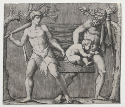 Dva fauni nesoucí dítě v košíku, c. 1513-1515. od Marcantonio Raimondi
