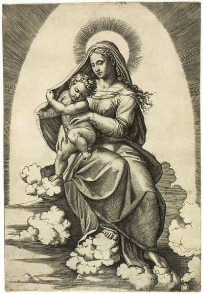 Panna a dítě sedí na oblacích od Marcantonio Raimondi