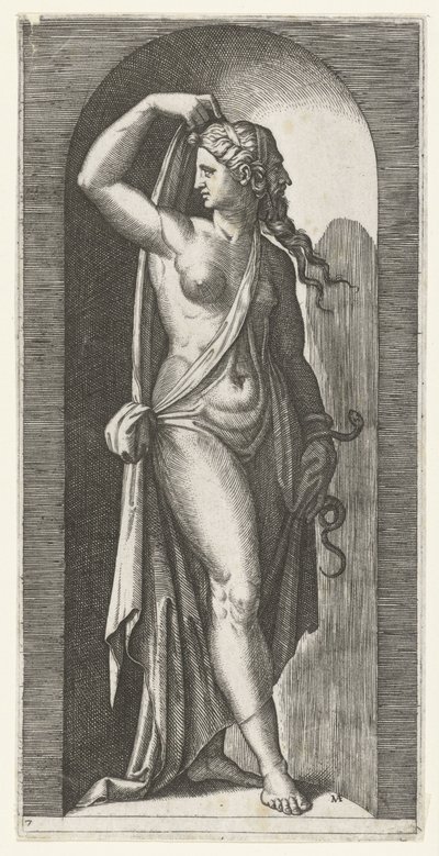 Žena jako zosobnění Prudentie s hadem a maskou Sedm ctností (název série) od Marcantonio Raimondi