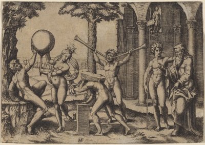 Muž se dvěma trubkami od Marcantonio Raimondi after Baccio Bandinelli