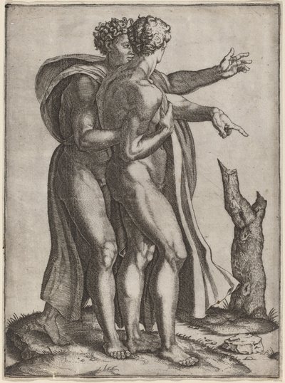 Dva nazí muži od Marcantonio Raimondi after Michelangelo