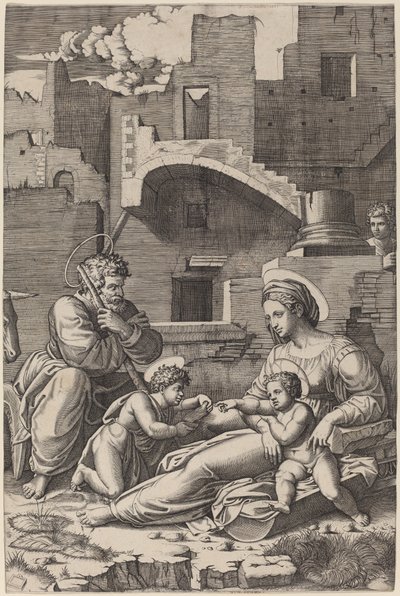 Svatá rodina s mladým svatým Janem Křtitelem (Madona z dlouhého stehna) od Marcantonio Raimondi after Raphael