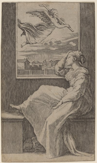 Zamyšlená žena od Marcantonio Raimondi possibly after Raphael
