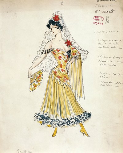 Francie, Paříž, Náčrt kostýmu pro tanečnice flamenca pro Carmen od Georgese Bizeta od Marcel Multzer