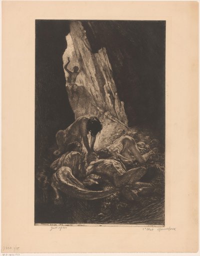 Interiér temné jeskyně s tvory požírajícími nahého muže Guet opice (název na předmětu) od Marcel Roux (signed by artist)