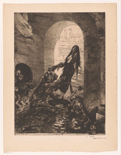 Monster popadne ženu stojící ve dveřích Ofrande a Moloch (název na objektu) Dívka rozkoše (název seriálu) Fille de Joie (název série na objektu) od Marcel Roux (signed by artist)